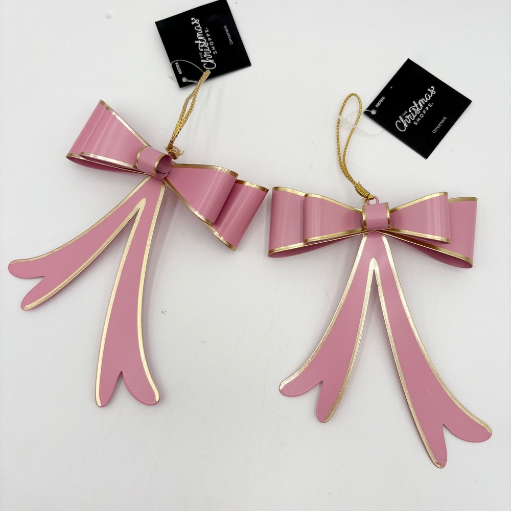 Christmas Shoppe Tin Ornament Pink Bow with Gold Accent Decoration Set